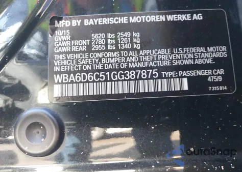 2016 BMW 650I Gran Coupe xDrive из США, поврежденный, VIN WBA6D6C51GG387875